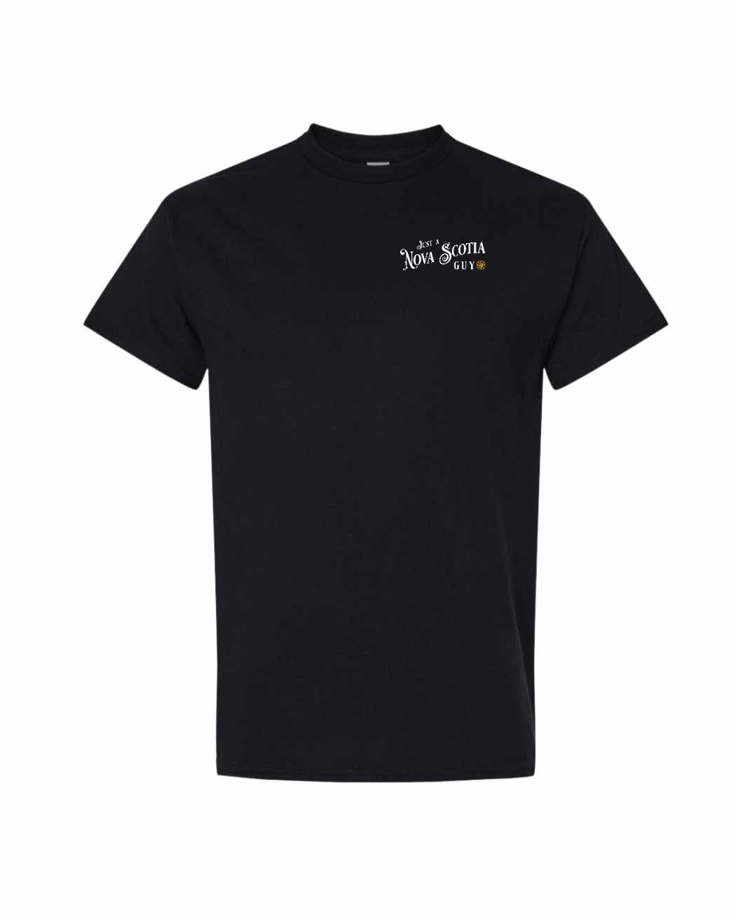 Just a Nova Scotia Guy yellow Left Chest and Back mens-tee