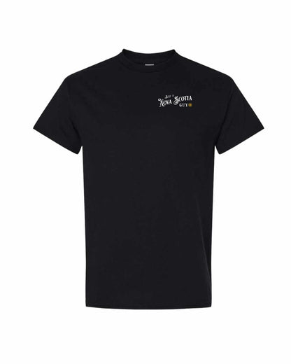 Just a Nova Scotia Guy yellow Left Chest and Back mens-tee