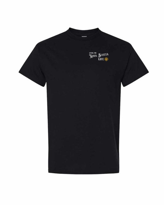 Living the Nova Scotia Life yellow Left Chest and Back mens-tee