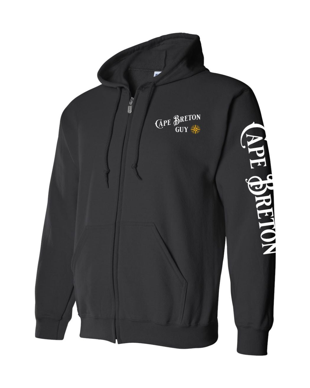 Cape Breton Guy Yellow Compass  Left Chest and Sleeve Zip Hoodie