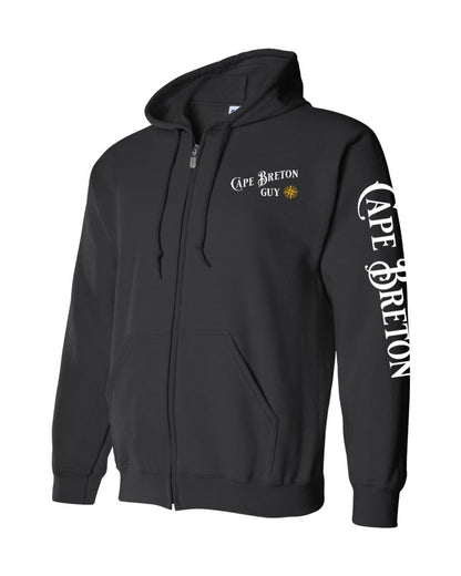 Cape Breton Guy Yellow Compass  Left Chest and Sleeve Zip Hoodie