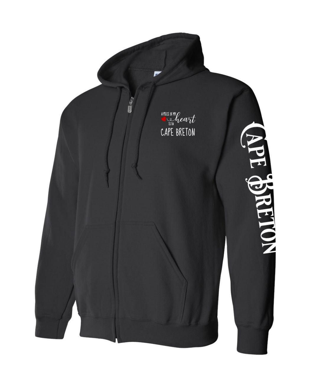 A piece of my heart is in Cape Breton Red Heart Left Chest and Sleeve Zip Hoodie