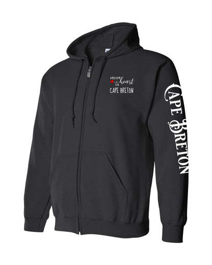 A piece of my heart is in Cape Breton Red Heart Left Chest and Sleeve Zip Hoodie