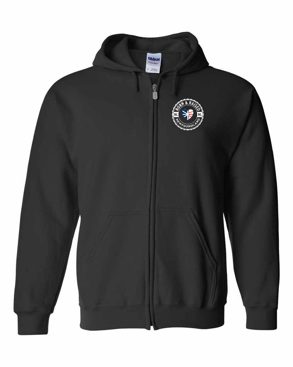 Born and Raised NFLD Heart Flag Left Chest & Back Zip Hoodie - Unisex