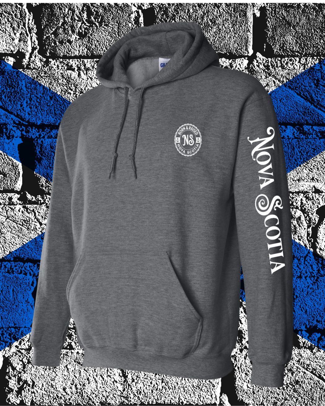 Born & Raised in Nova Scotia left chest and sleeve Hoodie