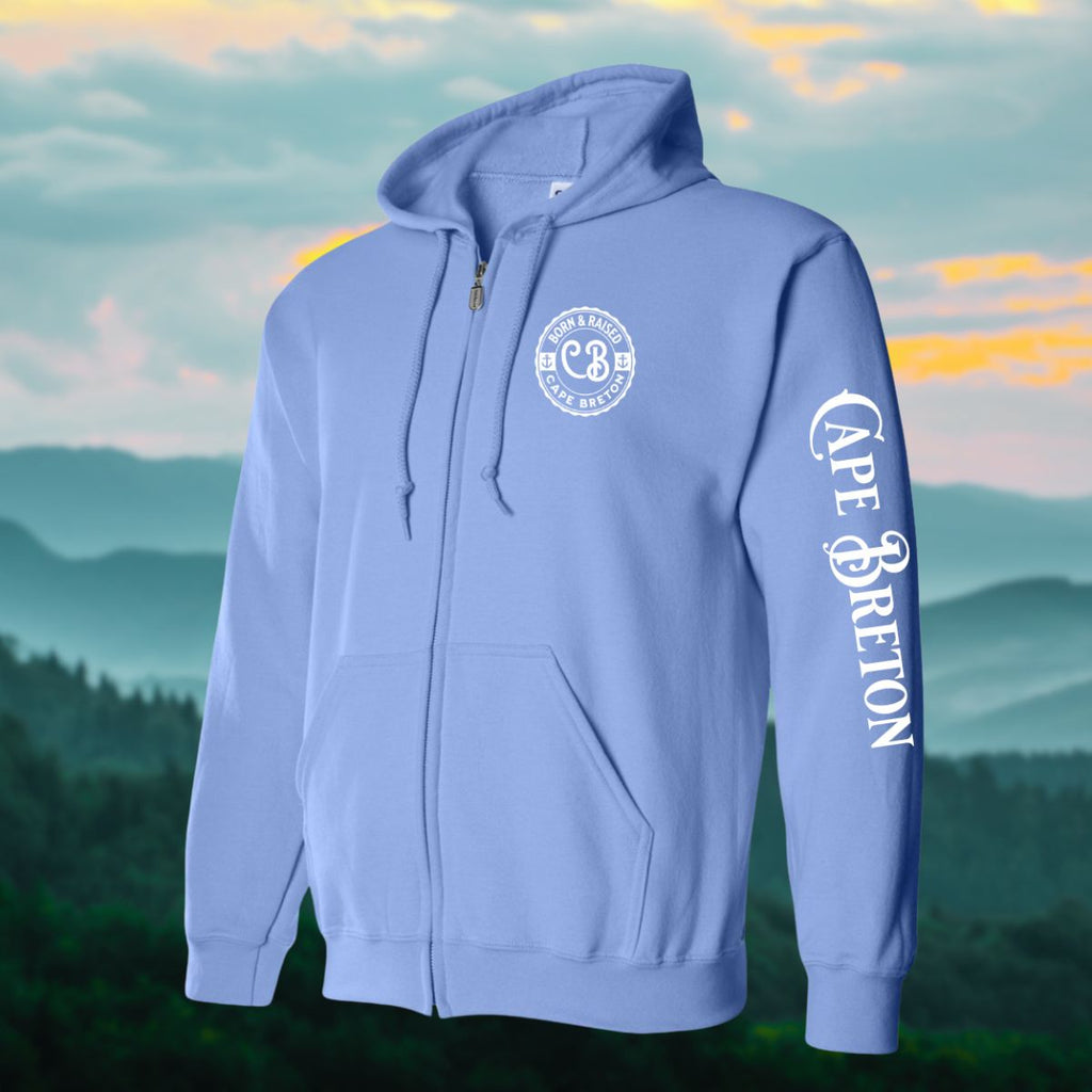 Born & Raised in CB left chest and sleeve Zip Hoodie - Unisex