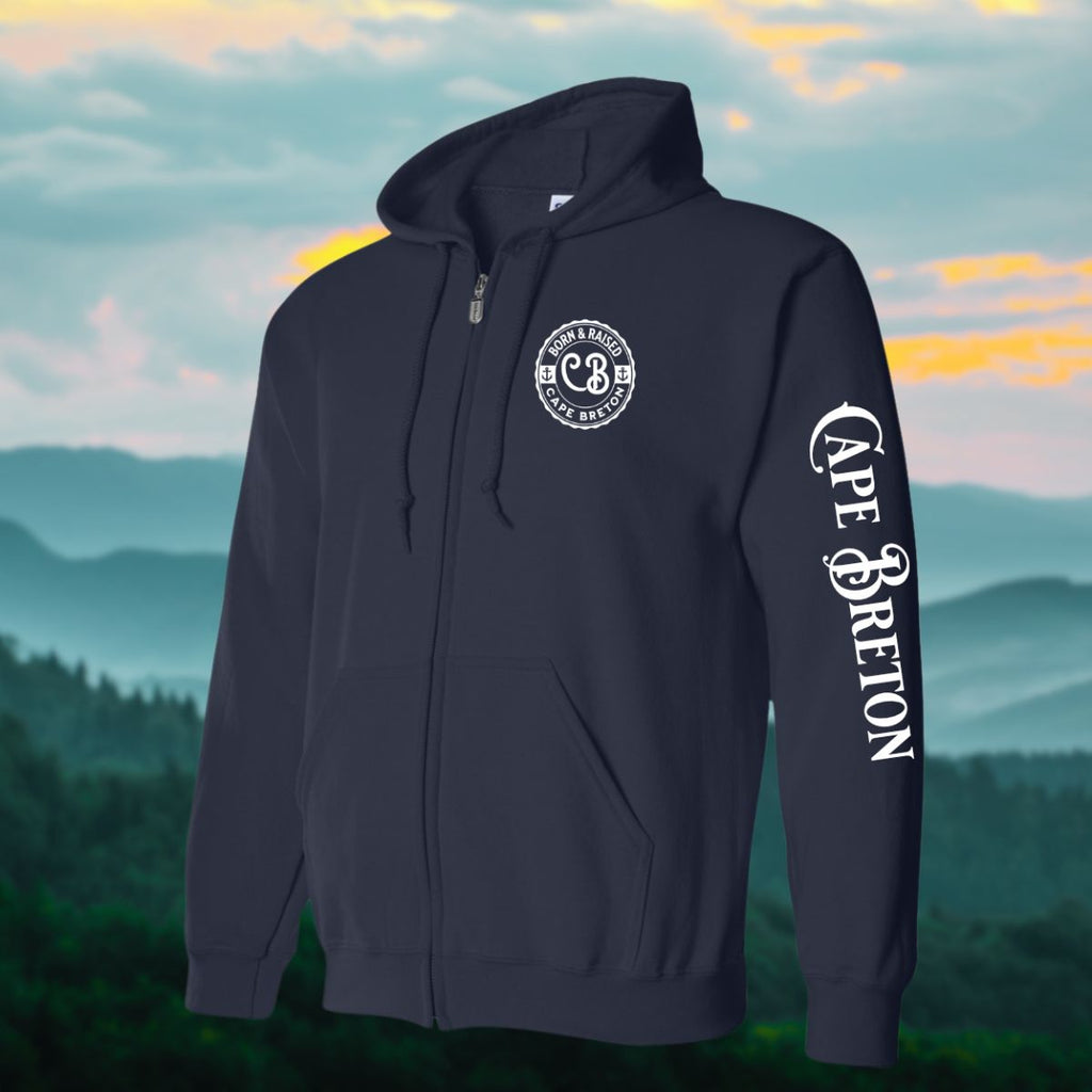 Born & Raised in CB left chest and sleeve Zip Hoodie - Unisex