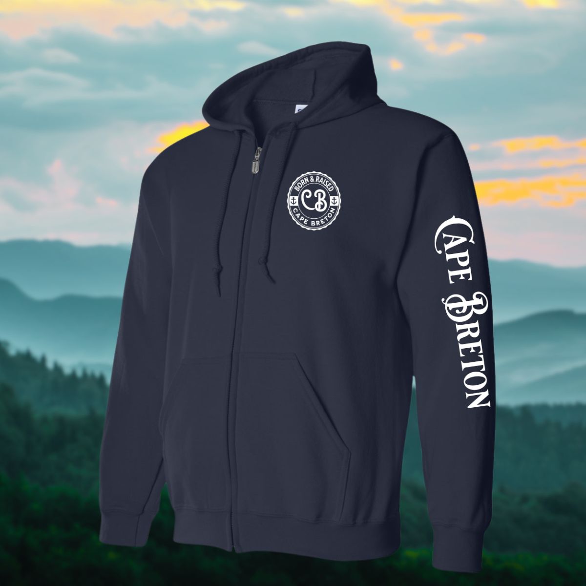 Born & Raised in CB left chest and sleeve Zip Hoodie - Unisex