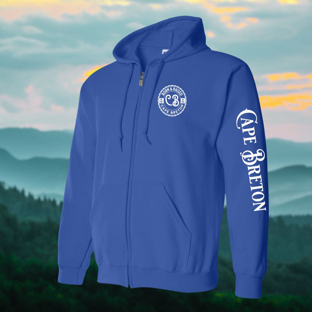 Born & Raised in CB left chest and sleeve Zip Hoodie - Unisex