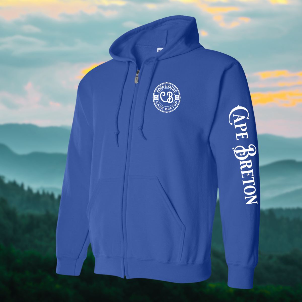 Born & Raised in CB left chest and sleeve Zip Hoodie - Unisex