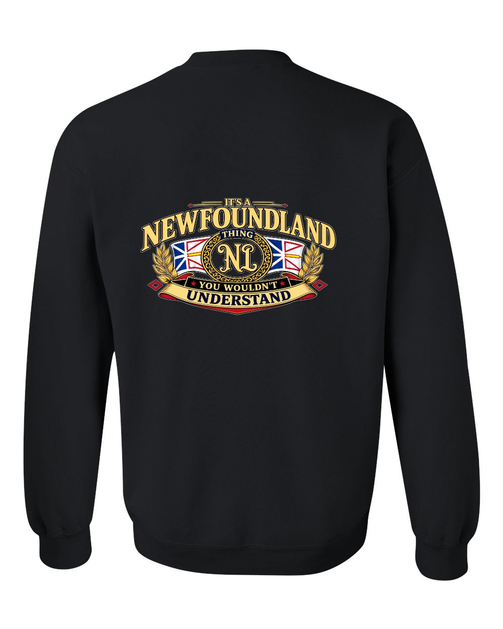 Newfoundland Thing Badge Left Chest and Back Crewneck Sweatshirt in Black - back
