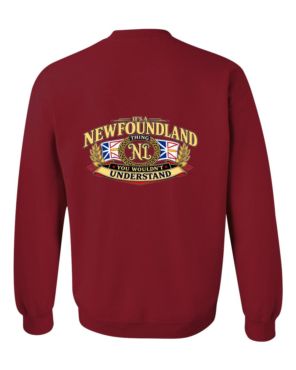 Newfoundland Thing Badge Left Chest and Back Crewneck Sweatshirt in Cardinal Red - back