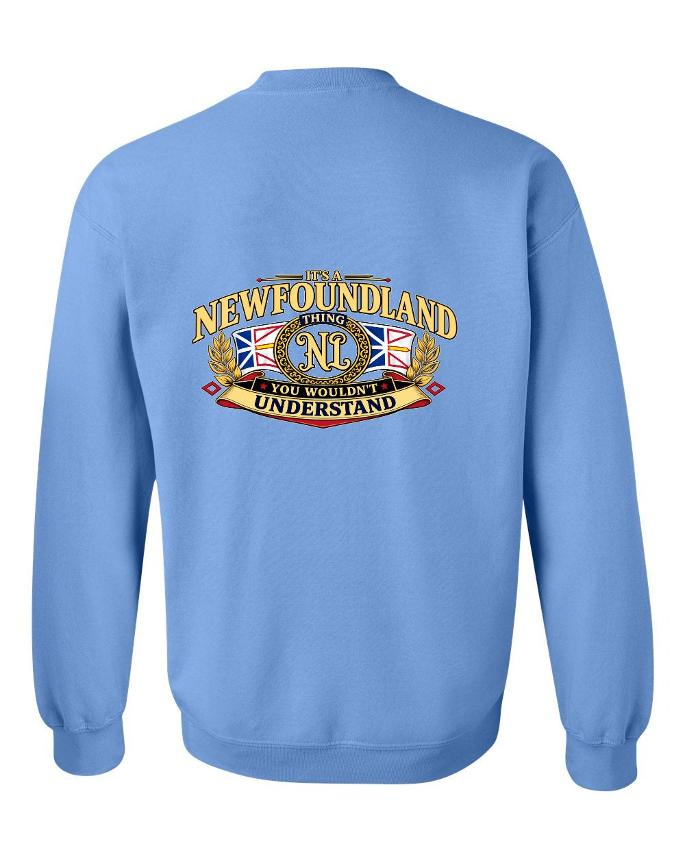 Newfoundland Thing Badge Left Chest and Back Crewneck Sweatshirt in Carolina Blue - back
