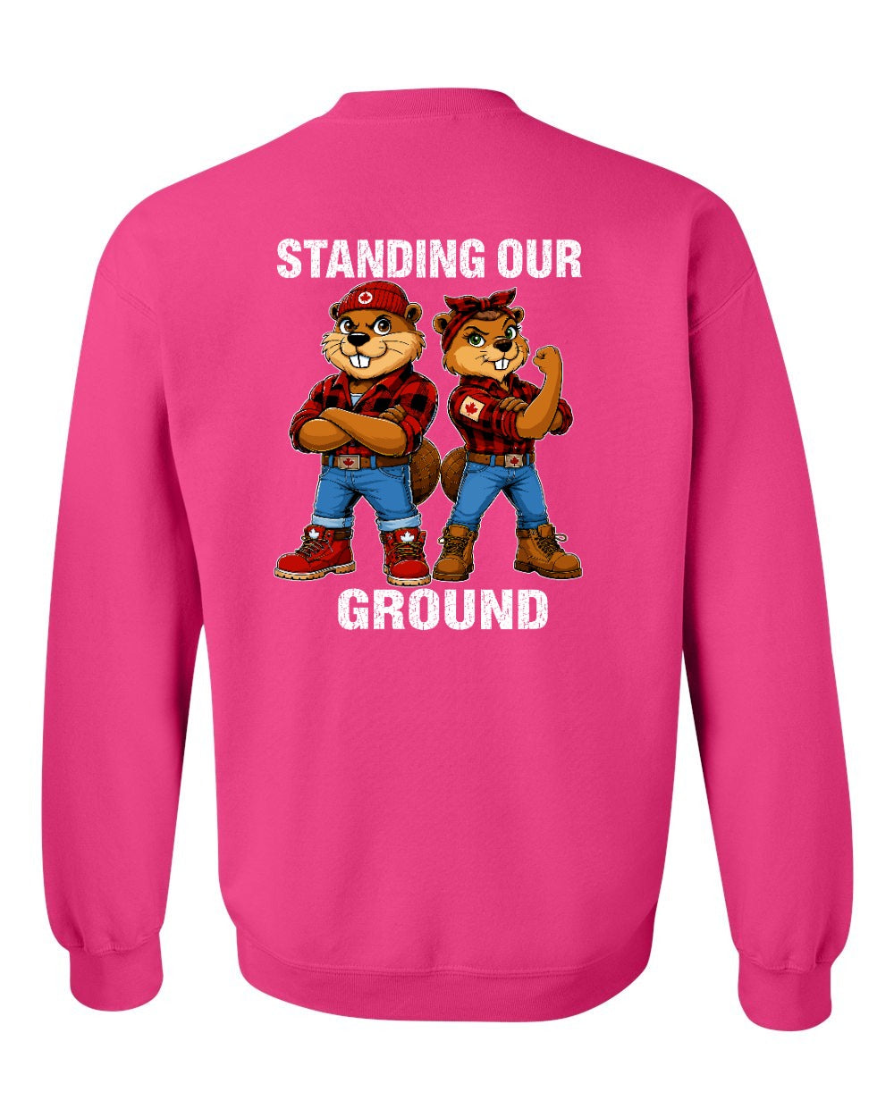 Standing Our Ground Left Chest and Back Crewneck Sweatshirt in Heliconia Pink - back