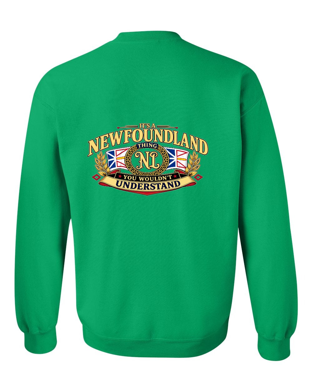 Newfoundland Thing Badge Left Chest and Back Crewneck Sweatshirt in Irish Green - back