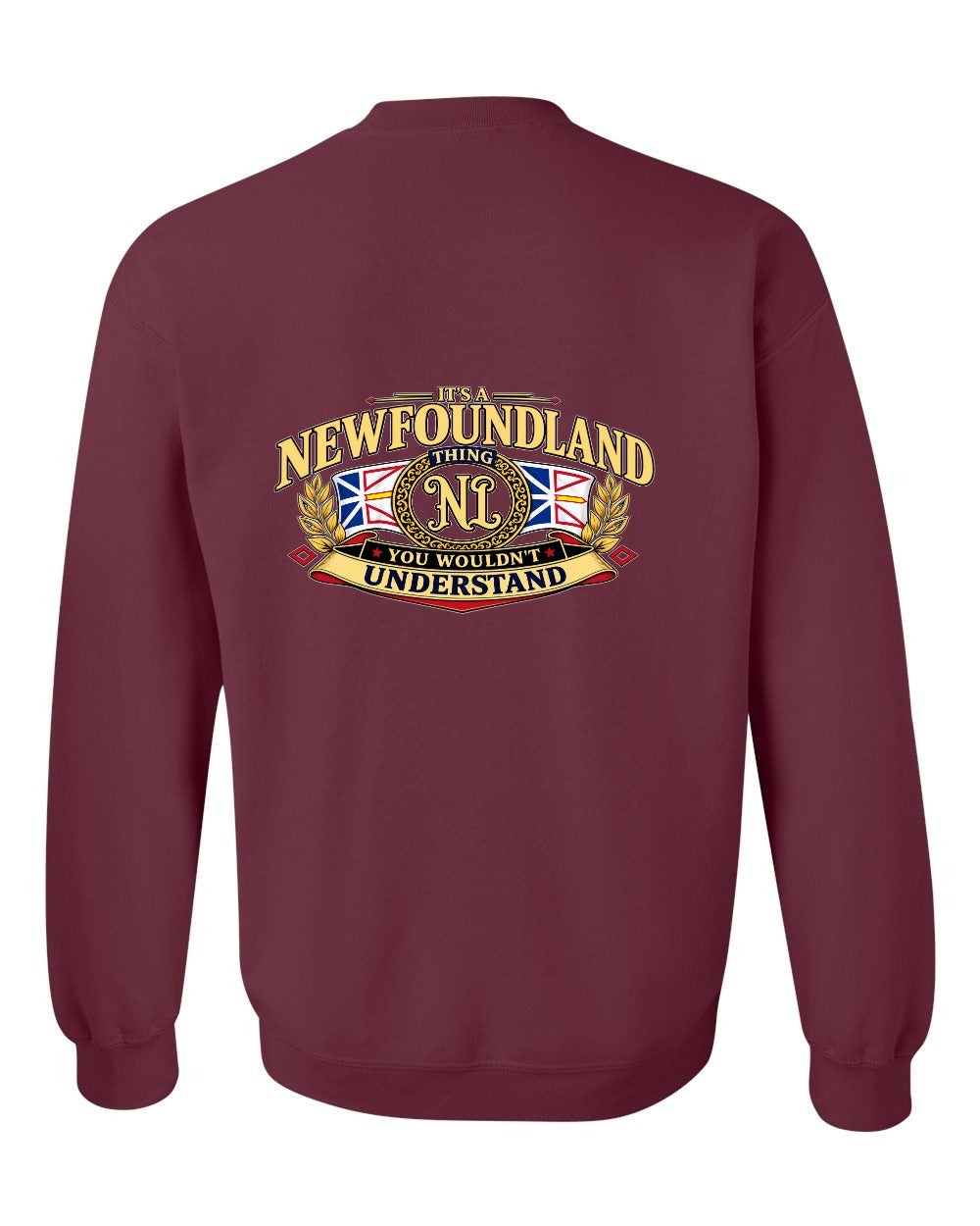 Newfoundland Thing Badge Left Chest and Back Crewneck Sweatshirt in Maroon - back
