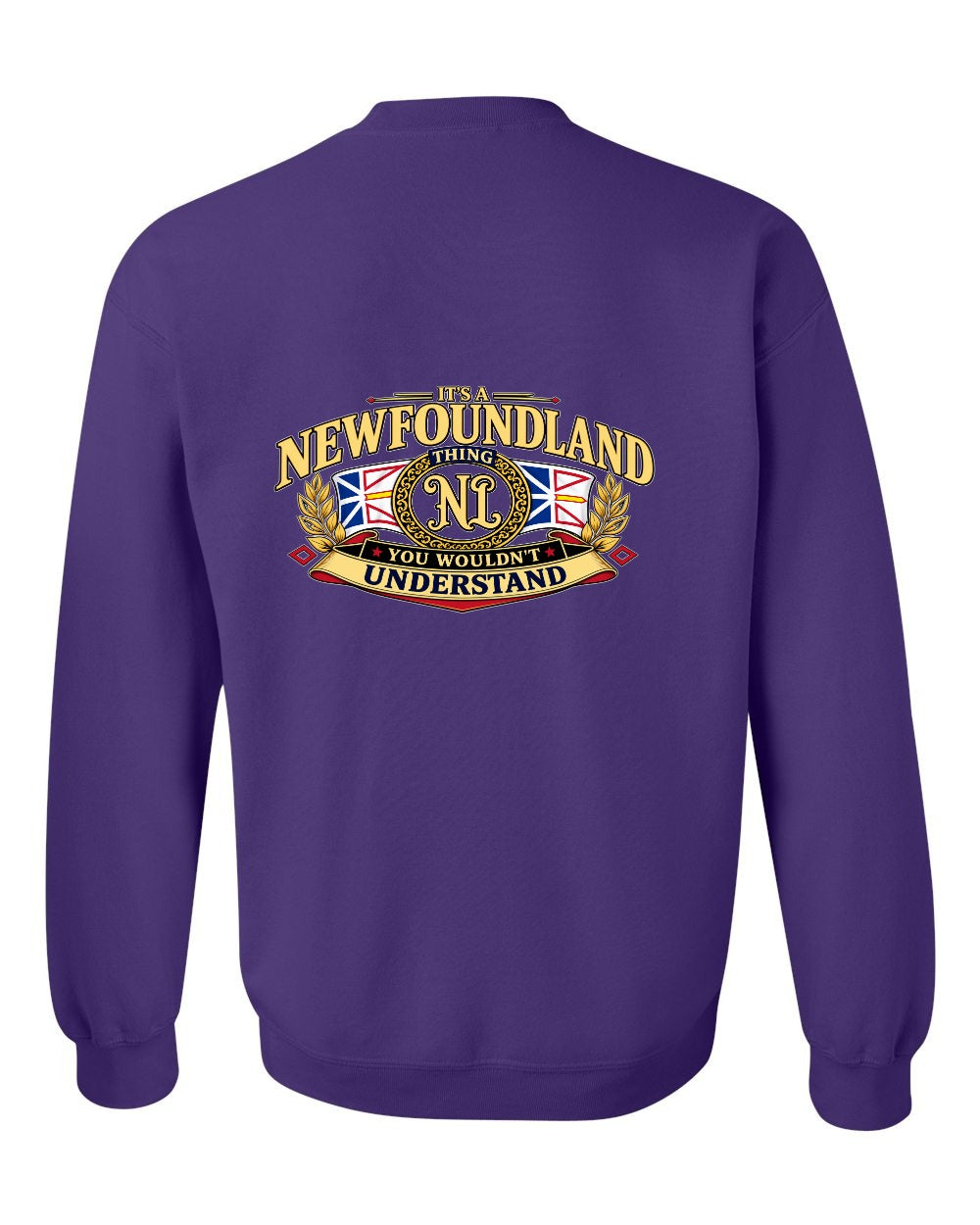 Newfoundland Thing Badge Left Chest and Back Crewneck Sweatshirt in Purple - back