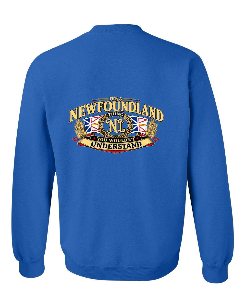 Newfoundland Thing Badge Left Chest and Back Crewneck Sweatshirt in Royal - back