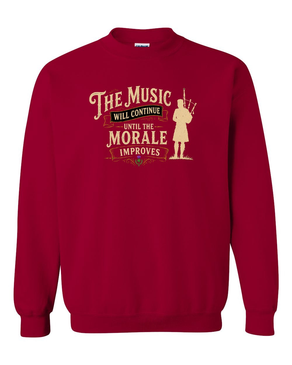 Muisic Will Continue Bagpipes Crewneck Sweatshirt in Cardinal Red