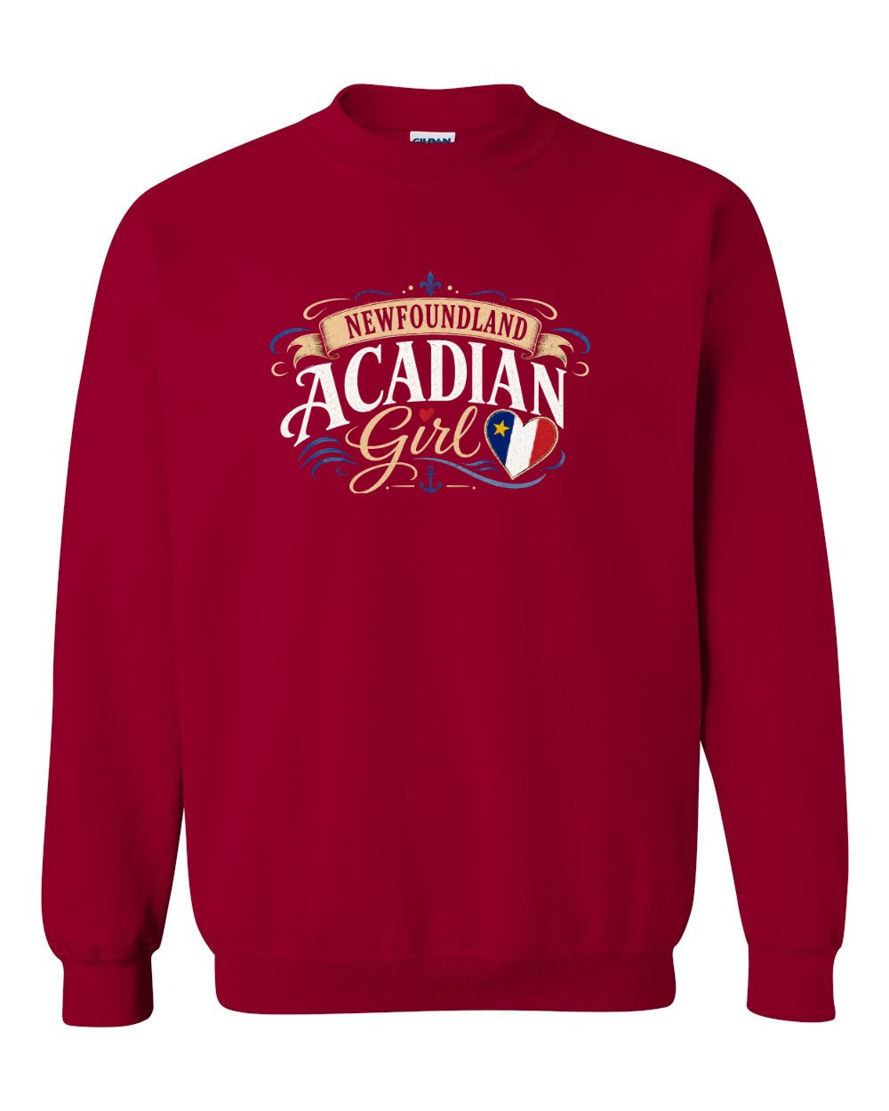 Newfoundland Acadian Girl Crewneck Sweatshirt in Cardinal Red