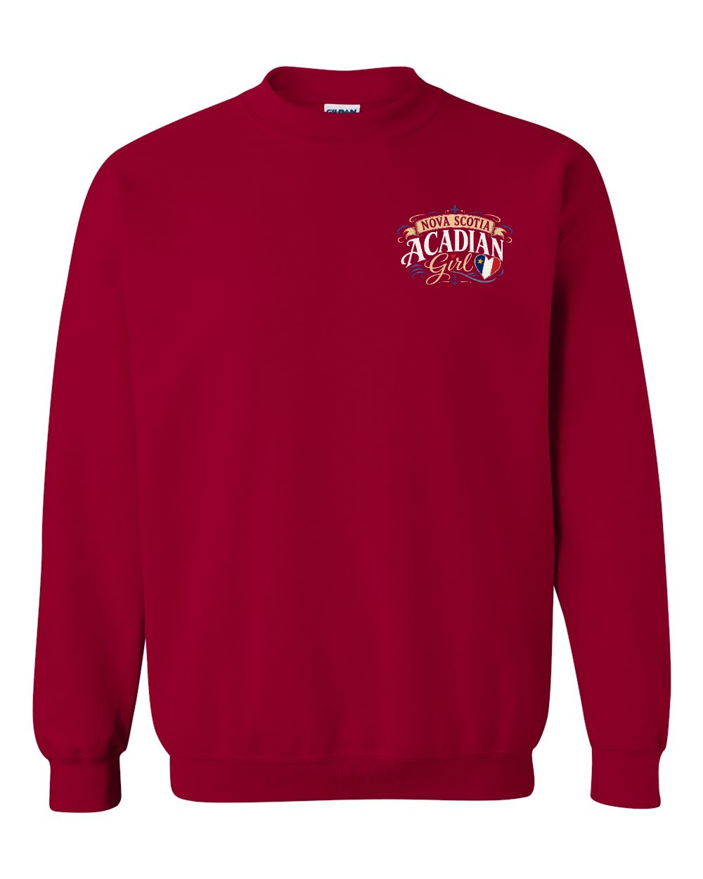 Nova Scotia Acadian Girl Left Chest Crewneck Sweatshirt in Cardinal Red