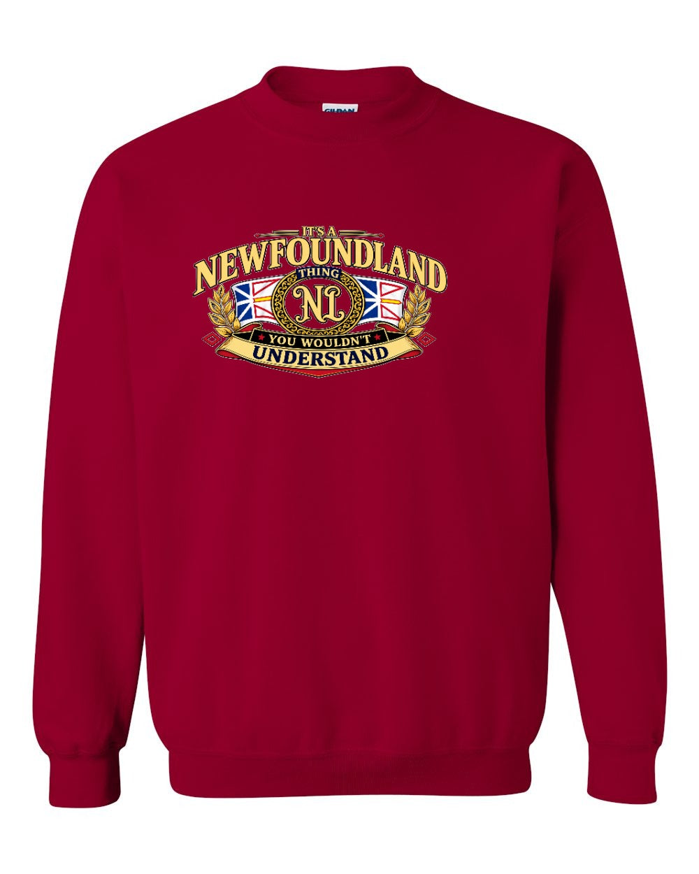 Newfoundland Thing Badge Full Front Crewneck Sweatshirt in Cardinal Red