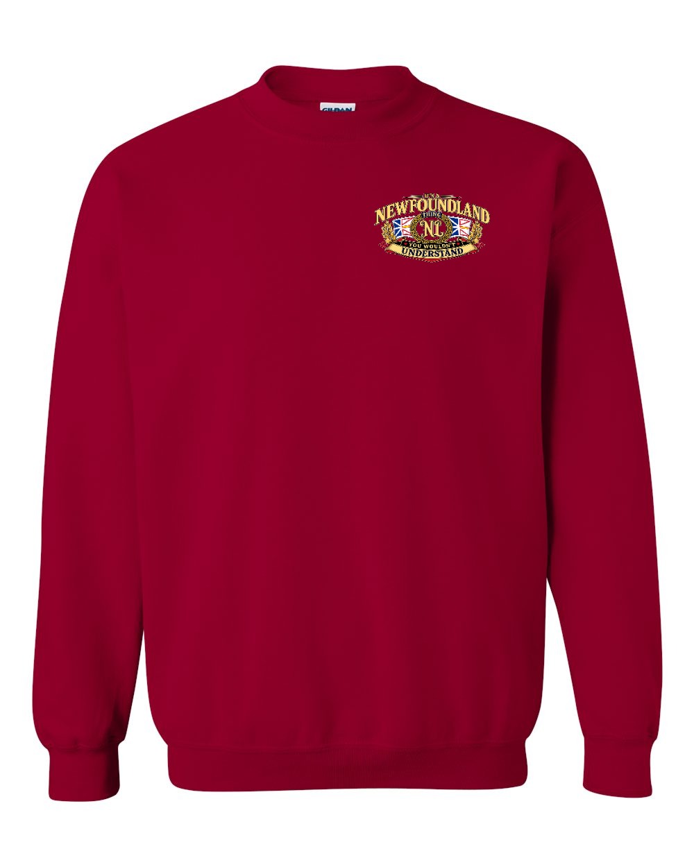 Newfoundland Thing Badge Left Chest and Back Crewneck Sweatshirt in Cardinal Red