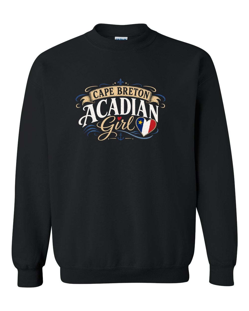 Cape Breton Acadian Girl Crewneck Sweatshirt in Black