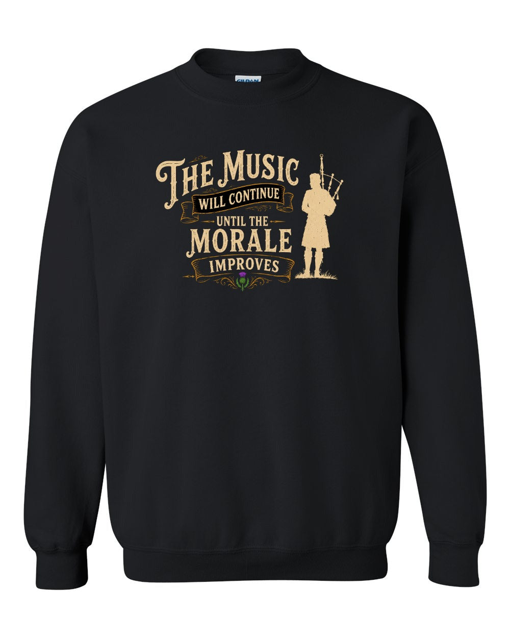 Muisic Will Continue Bagpipes Crewneck Sweatshirt in Black