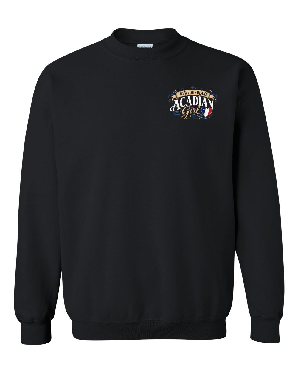 Newfoundland Acadian Girl Left Chest Crewneck Sweatshirt in Black