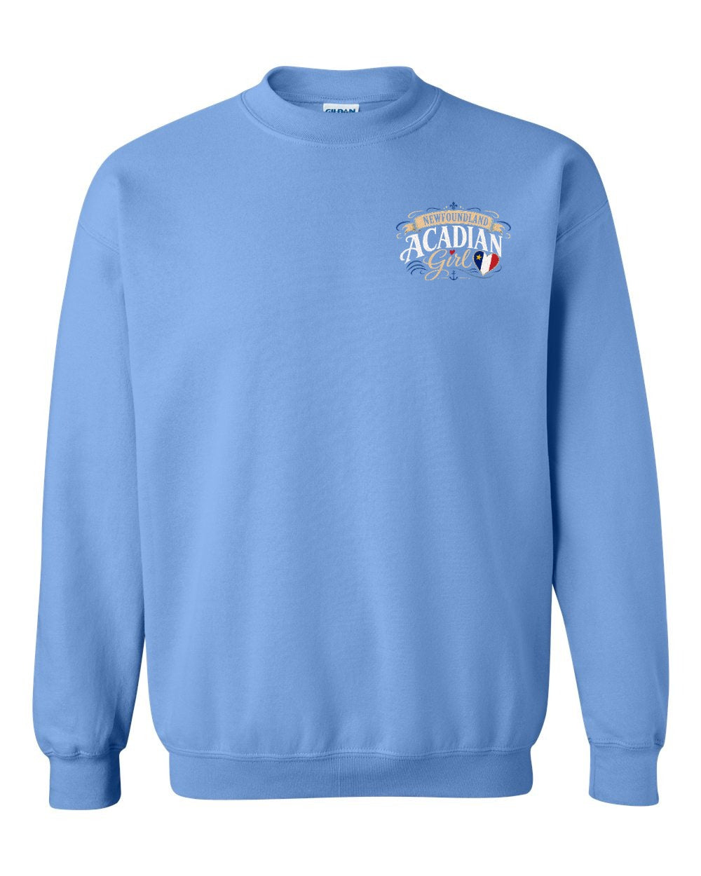 Newfoundland Acadian Girl Left Chest Crewneck Sweatshirt in Carolina Blue