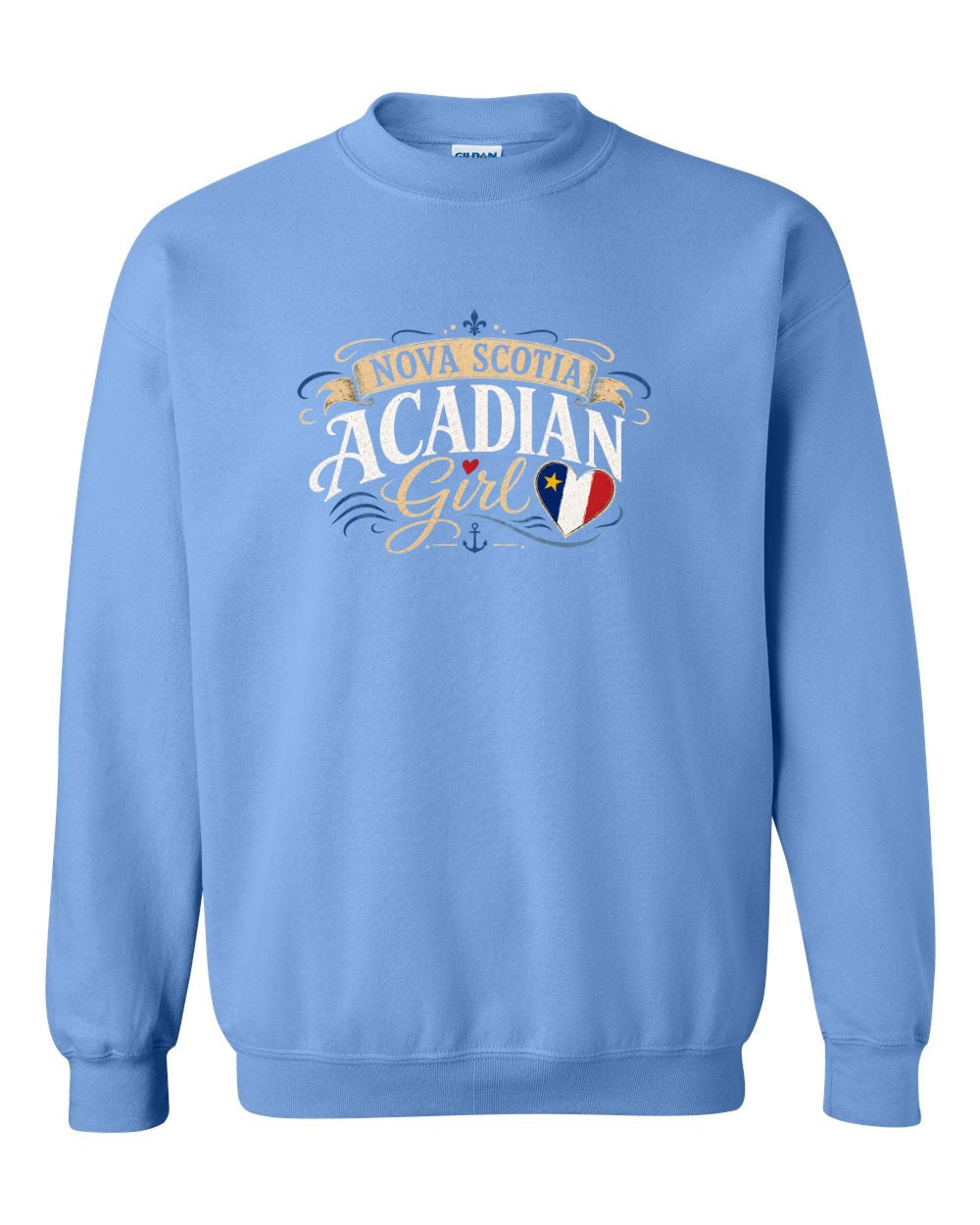 Nova Scotia Acadian Girl Crewneck Sweatshirt in Carolina Blue