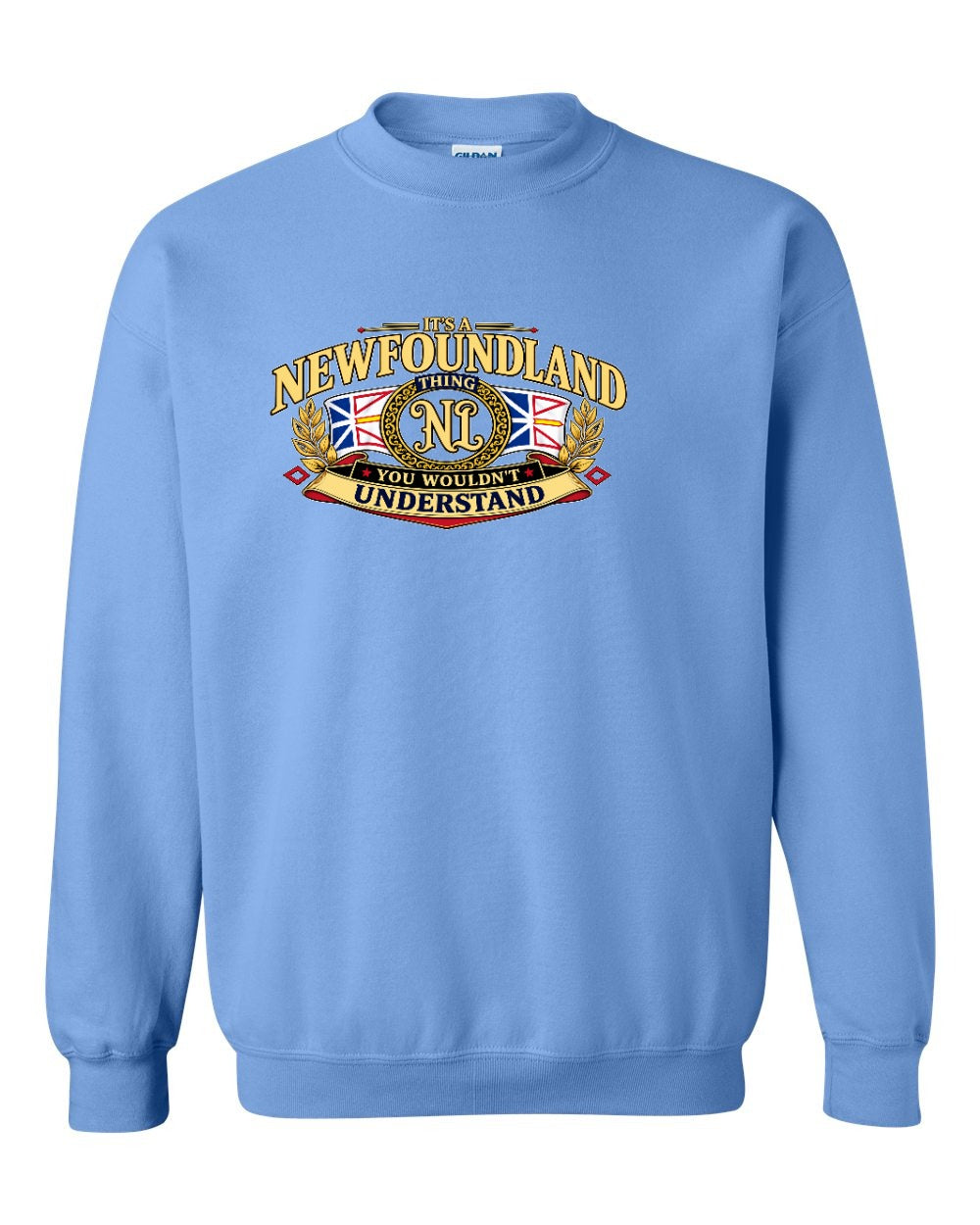 Newfoundland Thing Badge Full Front Crewneck Sweatshirt in Carolina Blue