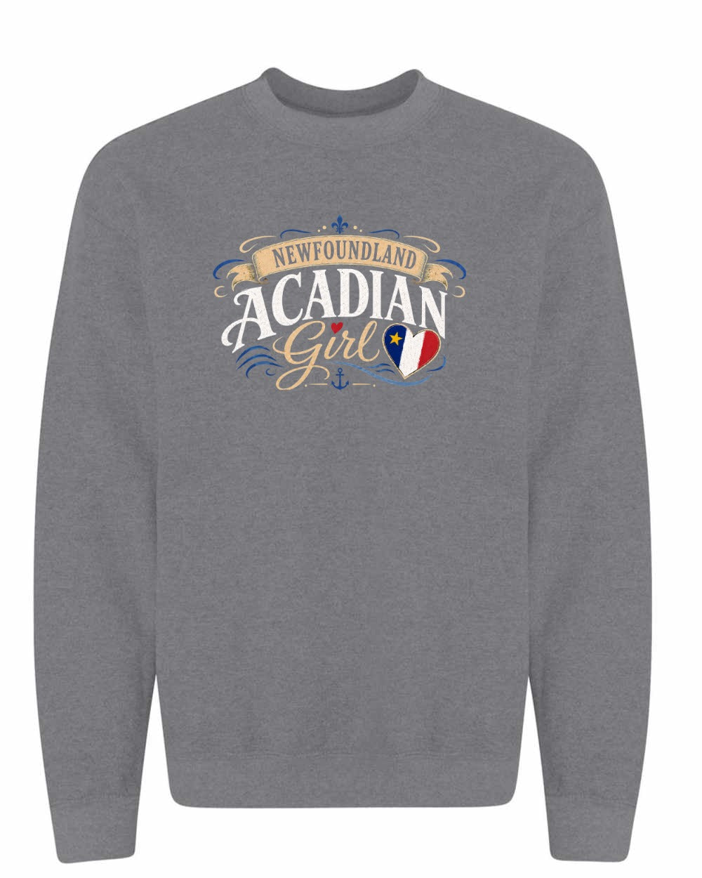 Newfoundland Acadian Girl Crewneck Sweatshirt in Graphite Heather