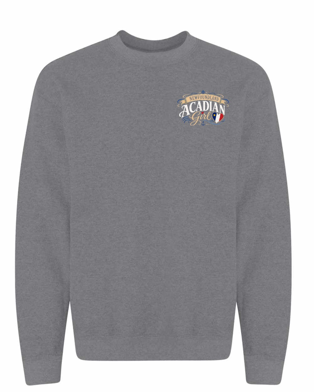 Newfoundland Acadian Girl Left Chest Crewneck Sweatshirt in Graphite Heather