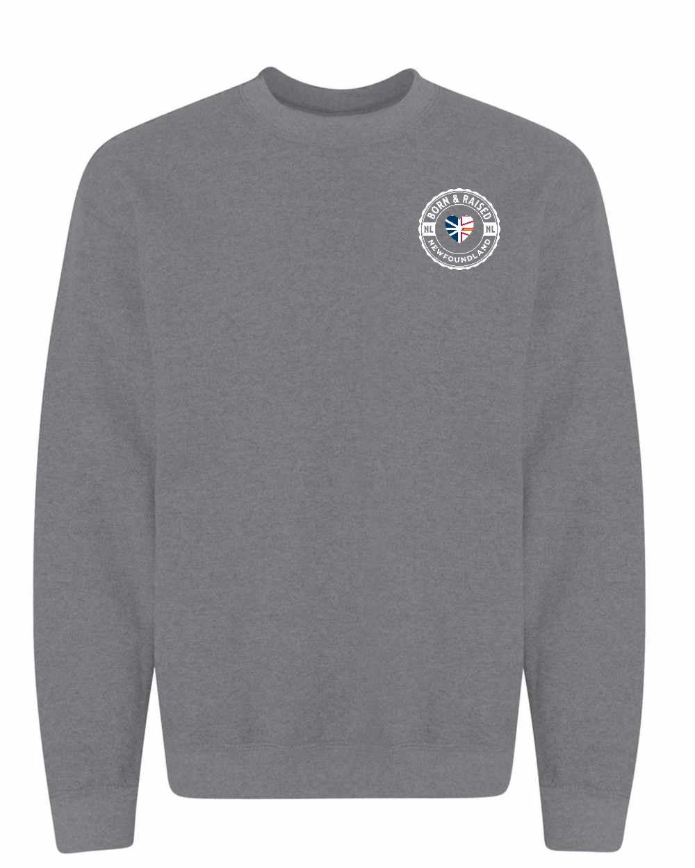 Born and Raised NFLD Heart Flag Left Chest Crewneck Sweatshirt - Unisex