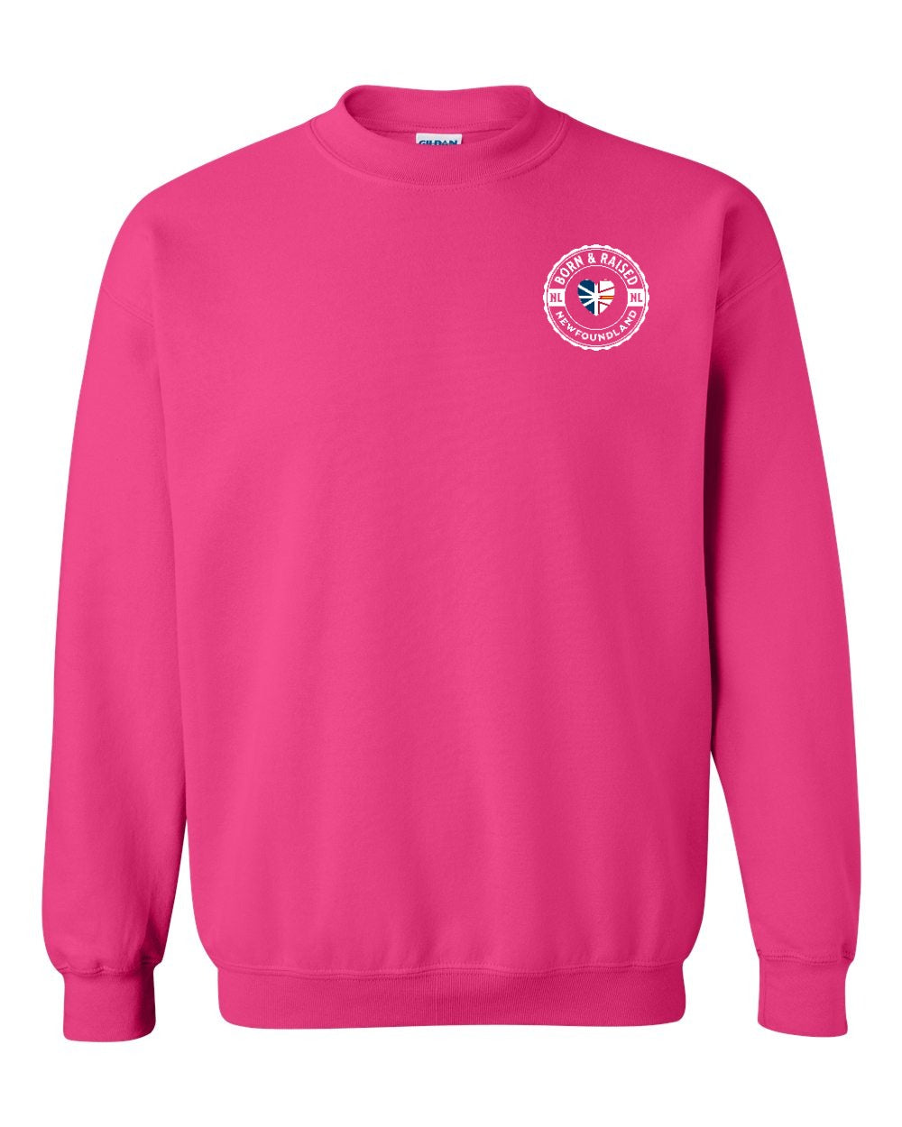 Born and Raised NFLD Heart Flag Left Chest & Back Crewneck Sweatshirt - Unisex