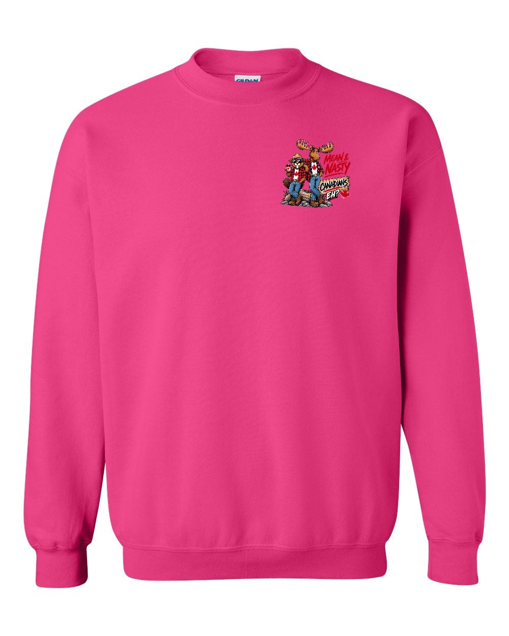 New Mean and Nasty Canadians Left Chest Crewneck Sweatshirt in Heliconia Pink