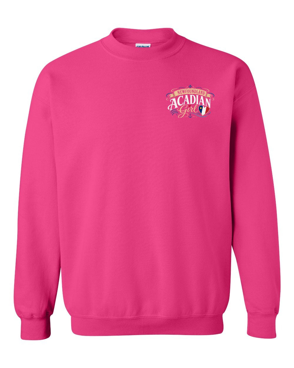 Newfoundland Acadian Girl Left Chest Crewneck Sweatshirt in Heliconia Pink