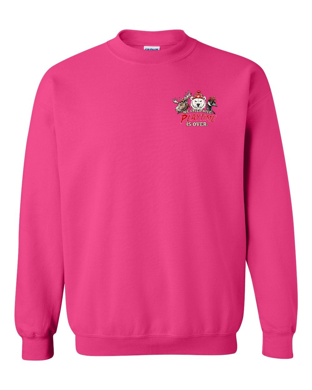 We Tried Nice New Left Chest and Back Crewneck Sweatshirt in Heliconia Pink