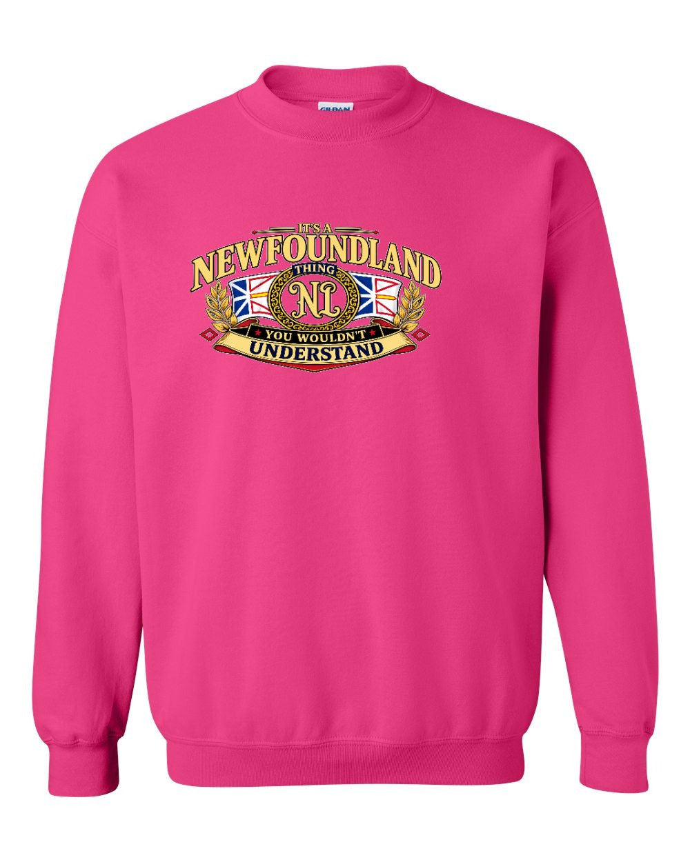 Newfoundland Thing Badge Full Front Crewneck Sweatshirt in Heliconia Pink