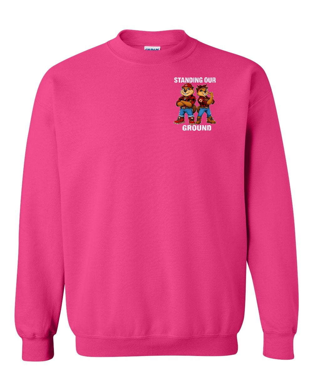 Standing Our Ground Left Chest and Back Crewneck Sweatshirt in Heliconia Pink