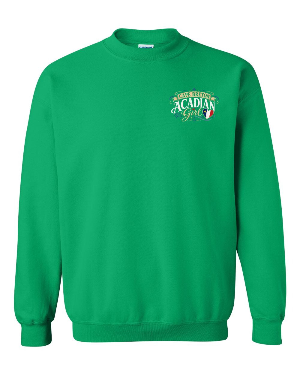 Cape Breton Acadian Girl Left Chest Crewneck Sweatshirt in Irish Green