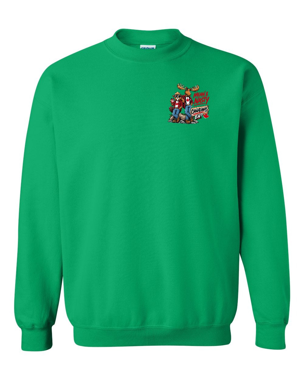 New Mean and Nasty Canadians Left Chest Crewneck Sweatshirt in Irish Green