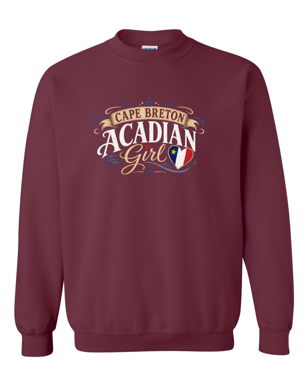 Cape Breton Acadian Girl Crewneck Sweatshirt in Maroon