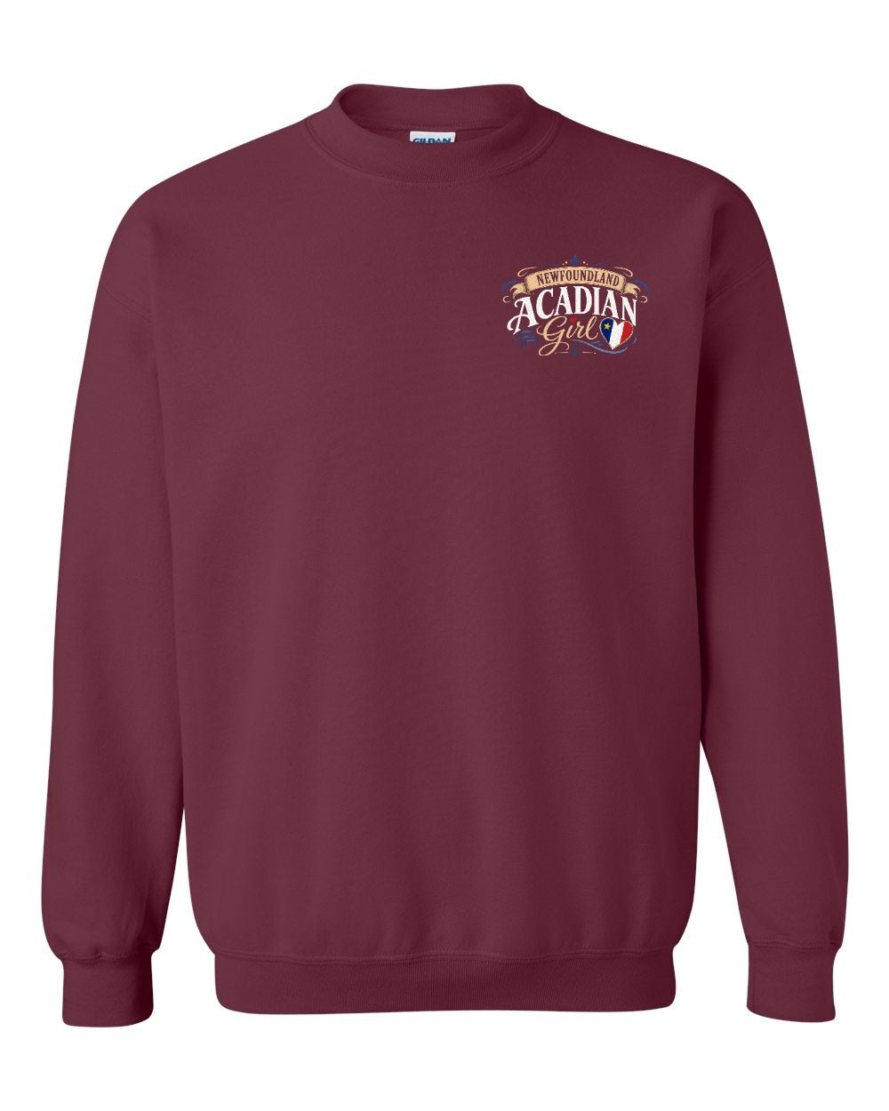 Newfoundland Acadian Girl Left Chest Crewneck Sweatshirt in Maroon