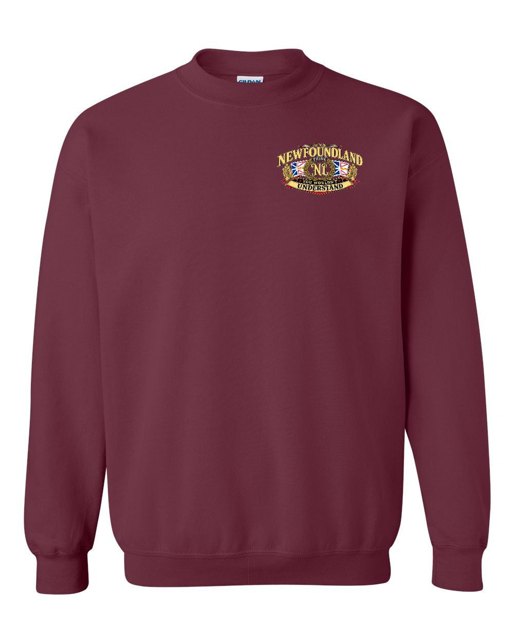 Newfoundland Thing Badge Left Chest and Back Crewneck Sweatshirt in Maroon