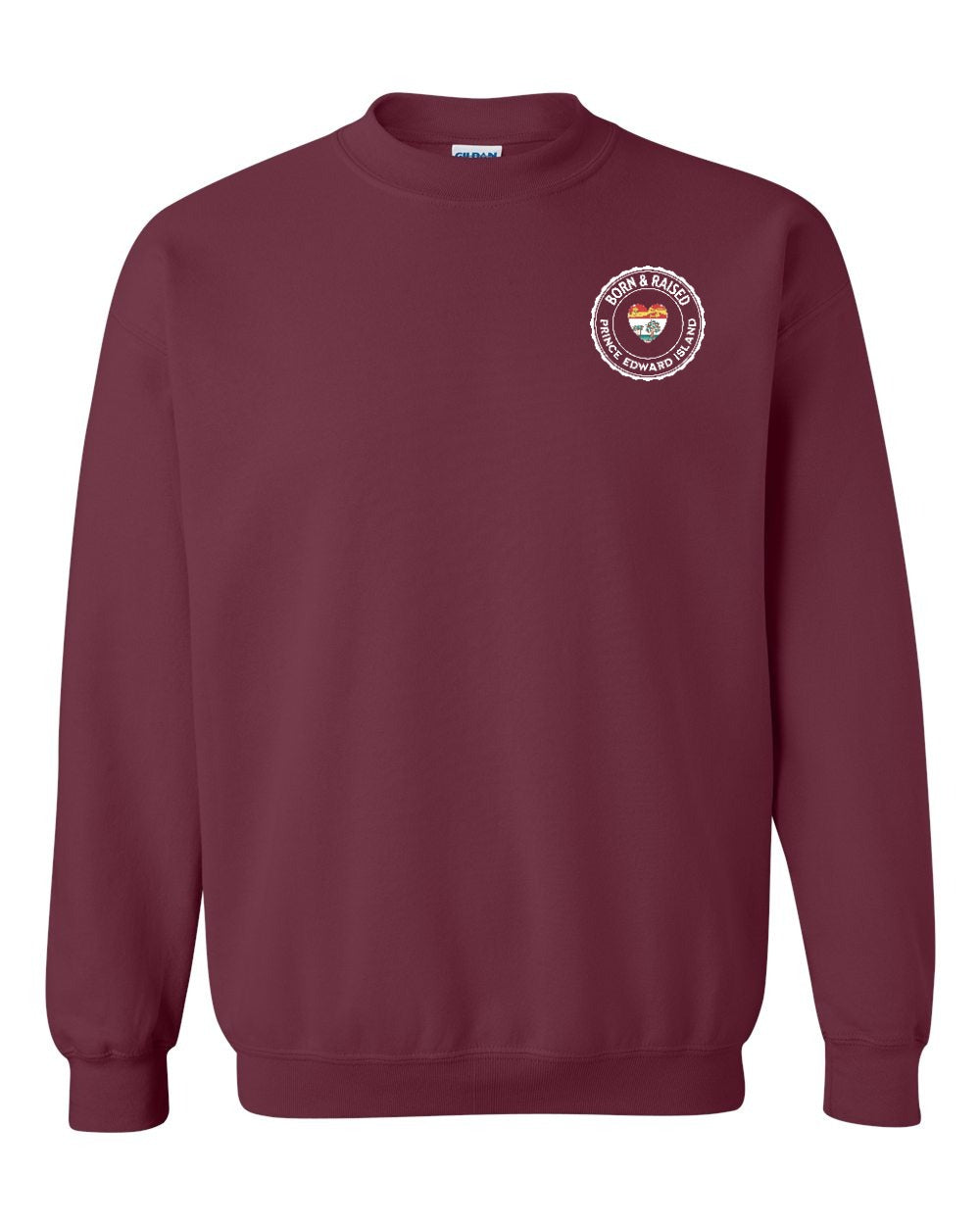 Born and Raised PEI Heart Flag Left Chest Crewneck Sweatshirt - Unisex