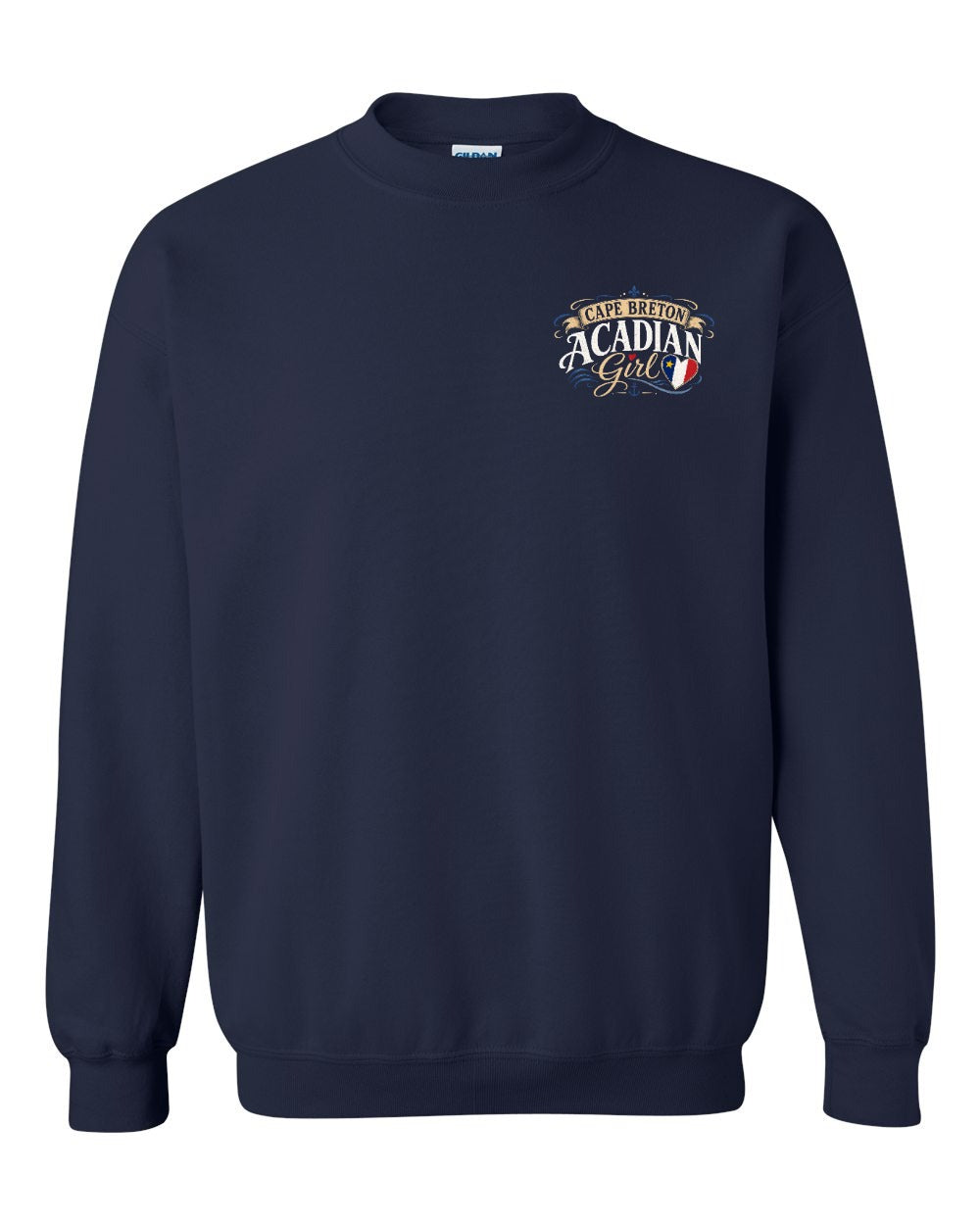 Cape Breton Acadian Girl Left Chest Crewneck Sweatshirt in Navy