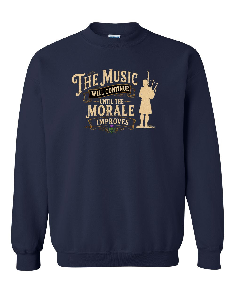 Muisic Will Continue Bagpipes Crewneck Sweatshirt in Navy